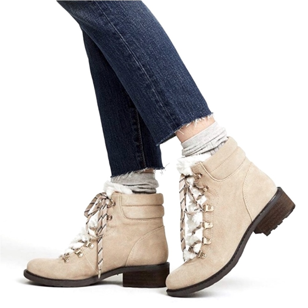 Sam Edelman Darrah 2 Faux Fur Trim Lace Up Suede Boot in Sand Size 7.5